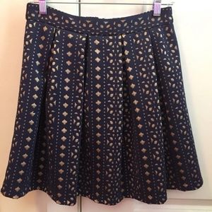 NWOT Francescas M Blue Rain High Waist Pleated Flare Skirt Blue Gold Cutouts